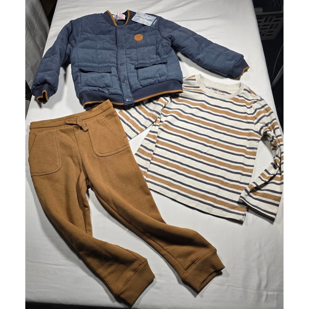 Tommy Bahama 4T Boys 3 Piece Set Quilted Jacket Striped Shirt Joggers Navy Brown
